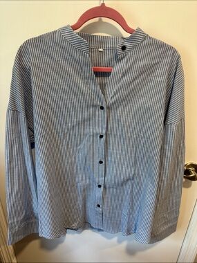 Striped Blue & White Button-Front Women’s Tunic Dress ShirtTop